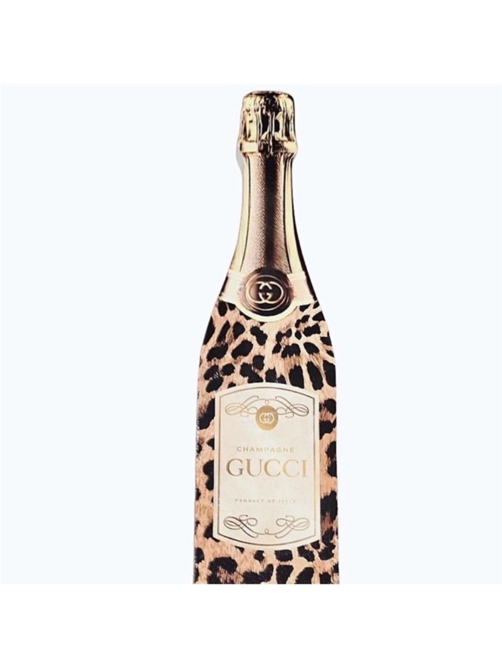 Wood art display. Gucci Leopard Print Champagne Bottle with Gold Accents